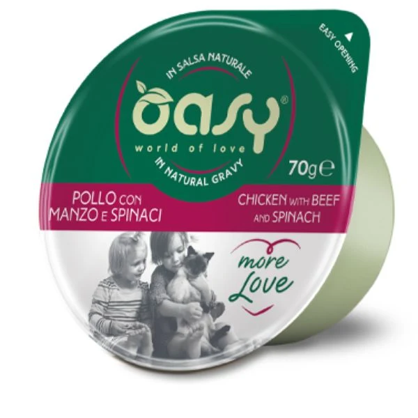 Oasy More Love Pollo con Manzo e Spinaci - Umido per Gatti - Cup 70 g