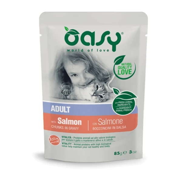 Oasy Gatto Adult Bocconcini al Salmone - Alimento Umido Completo - Busta 85 g