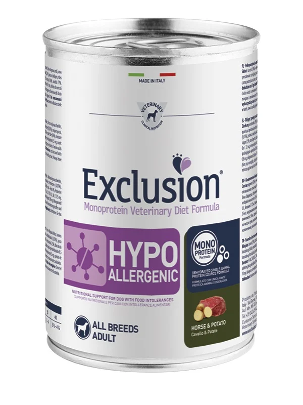 EXCLUSION CANE DIET HYPOALLERGENIC ADULTO ALL BREEDS CAVALLO & PATATE LATTINA 200 GR