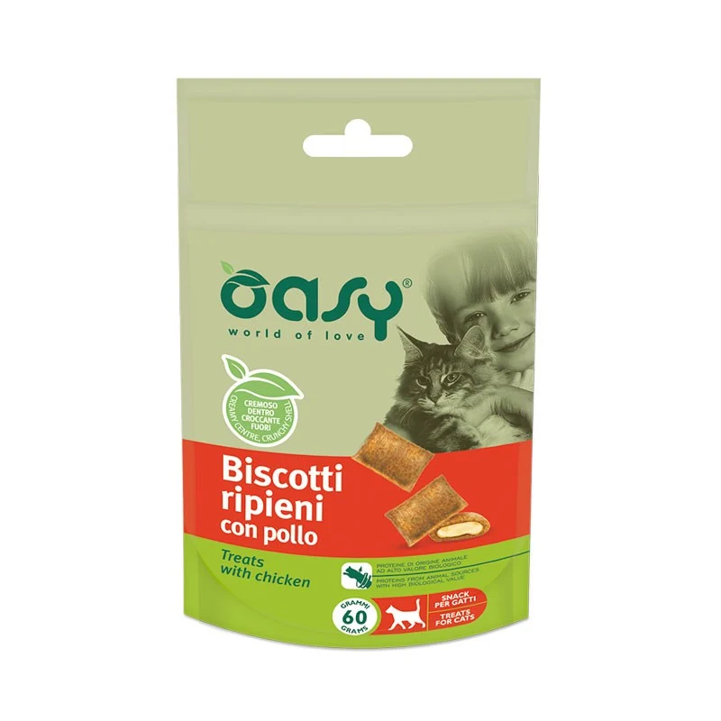 Oasy Snack Gatto Biscotti Ripieni con Pollo - Snack Croccante per Gatti - 60g