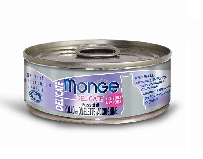 MONGE GATTO DELICATE LATTINA ADULTO PEZZETTI DI POLLO, OMELETTE & ACCIUGHINE 80 GR
