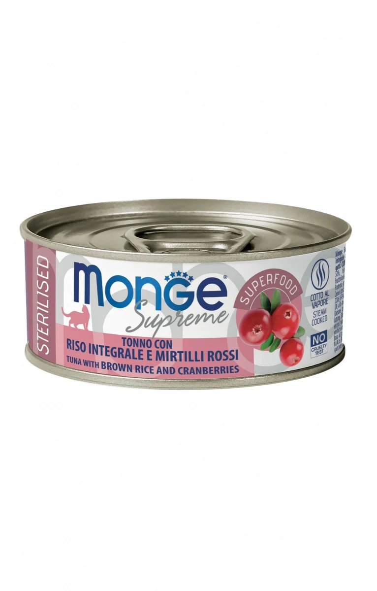Monge Supreme Sterilized Tonno, Riso Integrale e Mirtilli Rossi - 80g