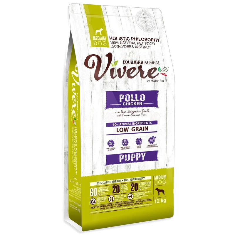 VIVERE CANE PUPPY MEDIUM POLLO, RISO INTEGRALE & PISELLI 12 KG
