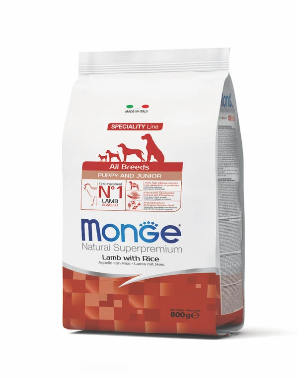 Monge Natural All Breeds Puppy Agnello e Riso - Crocchette, 800g