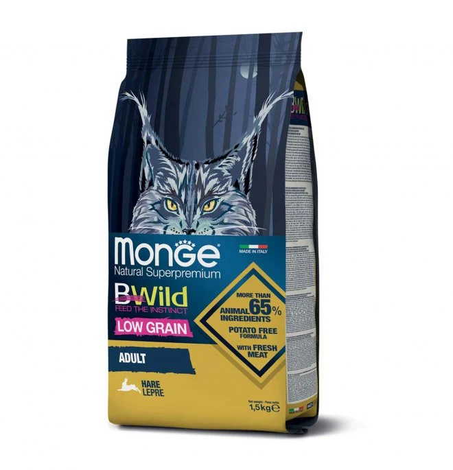 Monge BWild Cat Adult Lepre e Piselli - Crocchette Grain Free Gatti - 1,5 kg