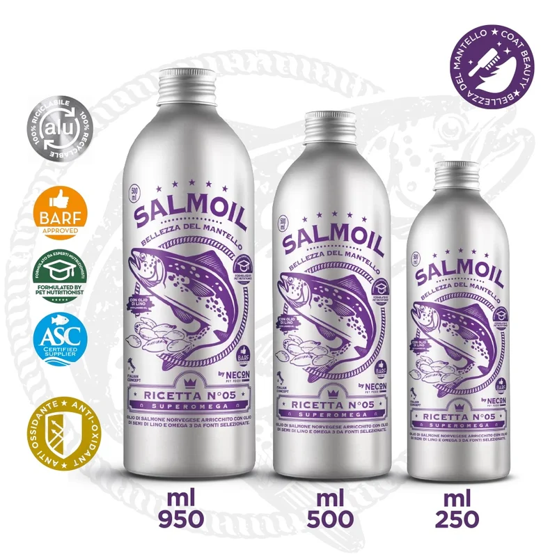 SALMOIL RICETTA N°5 - SUPEROMEGA BELLEZZA DEL MANTELLO - OLIO DI SALMONE NORVEGESE ARRICCHITO CON OLIO DI SEMI DI LINO E OMEGA 3 DA FONTI SELEZIONATE 250 ML