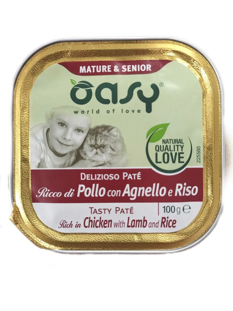 Oasy Wet Cat Delizioso Paté Mature & Senior Pollo, Agnello e Riso - 100 g