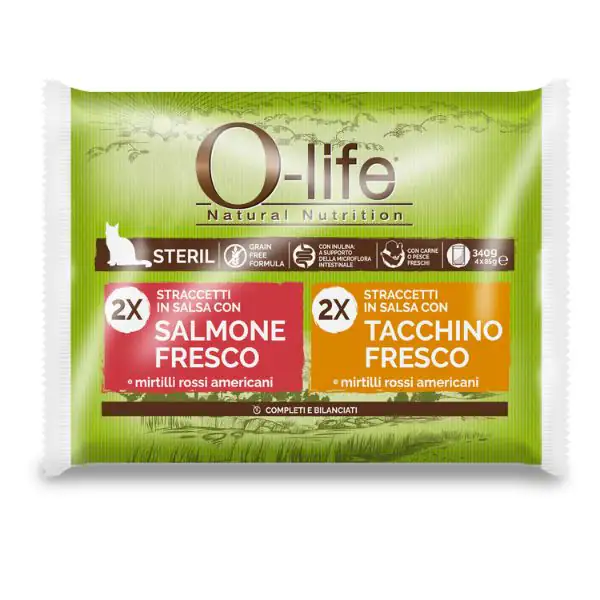 O-life Cat Sterilised Grain Free Straccetti in salsa multipack 4x85 gr