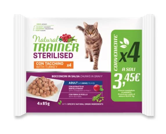 TRAINER GATTO NATURAL ADULTO STERILIZZATO TACCHINO FLOWPACK CF. (4x85) GR