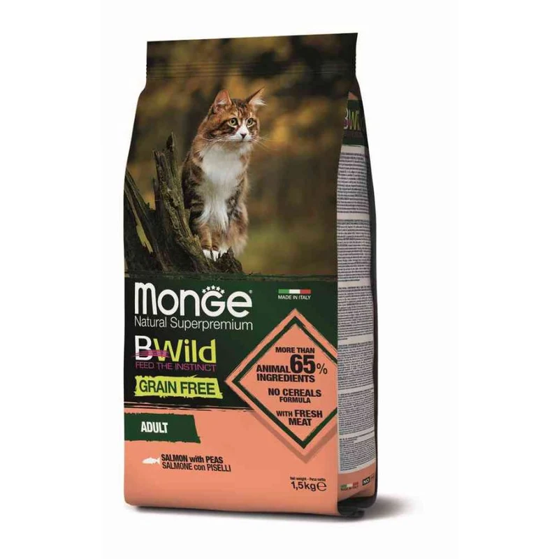 Monge BWild Cat Adult Salmone e Piselli - Crocchette Grain Free Gatti - 1,5 kg
