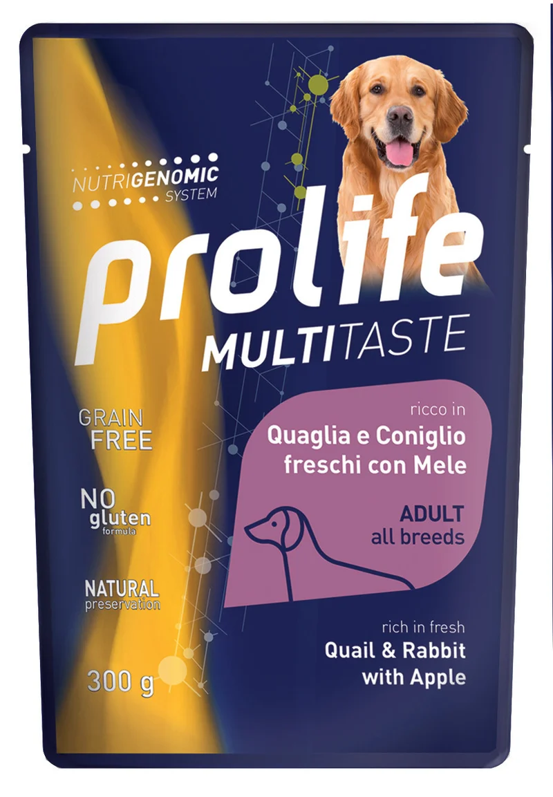 Prolife Cane Multitaste Adulto Quaglia, Coniglio & Mela Busta 300 g