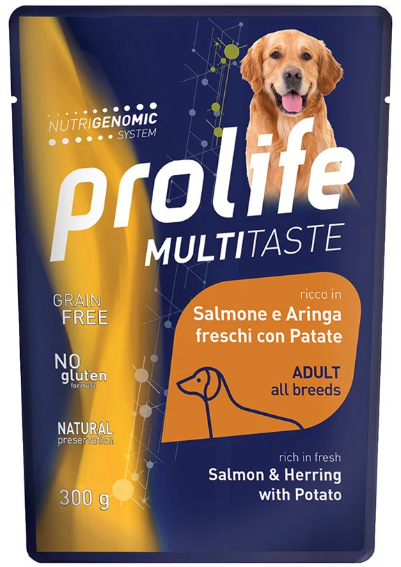 Prolife Cane Multitaste Adulto Salmone, Aringa & Patate Busta 300 g