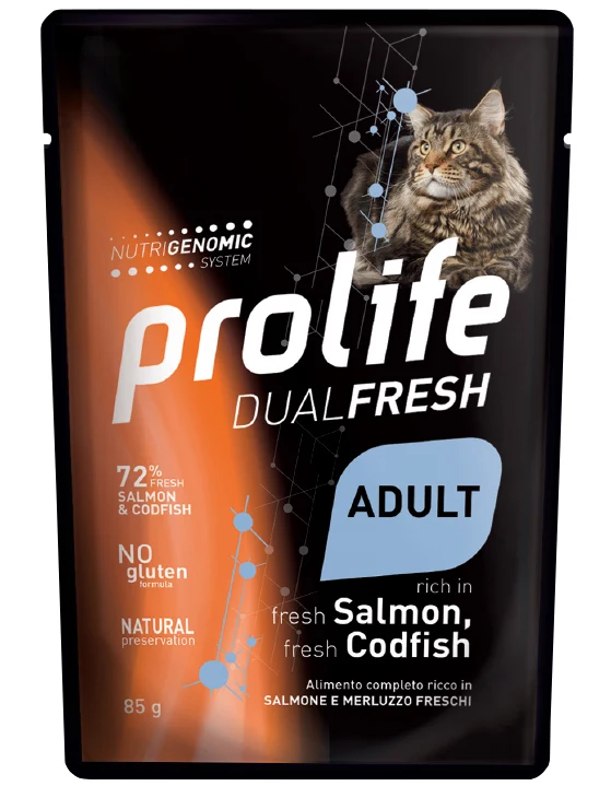 PROLIFE GATTO DUAL FRESH ADULTO SALMONE & MERLUZZO BUSTA 85 GR