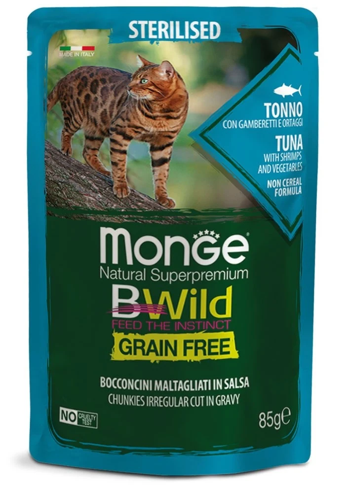 MONGE GATTO BWILD GRAIN FREE BUSTA ADULTO STERILIZZATO TONNO, GAMBERETTI & ORTAGGI 85 GR