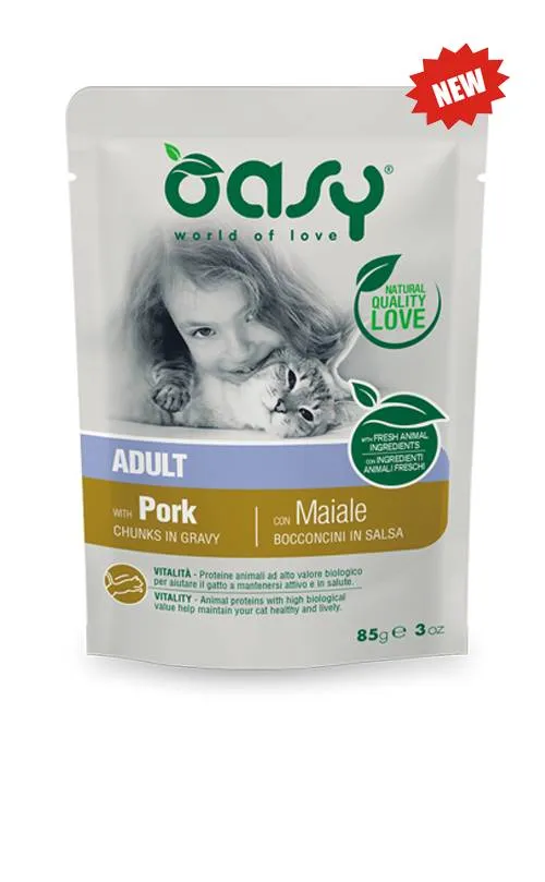 Oasy Cat Bocconcini Adult al Maiale - Cibo Umido Gatto, 85g