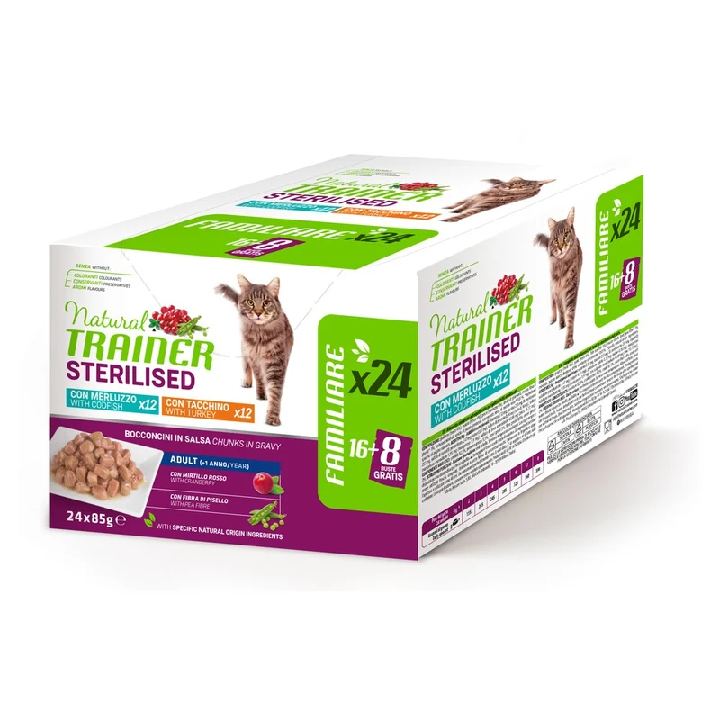 Multipack Natural Trainer Sterilised 24x85g Tacchino + Merluzzo per Gatti (16+8)
