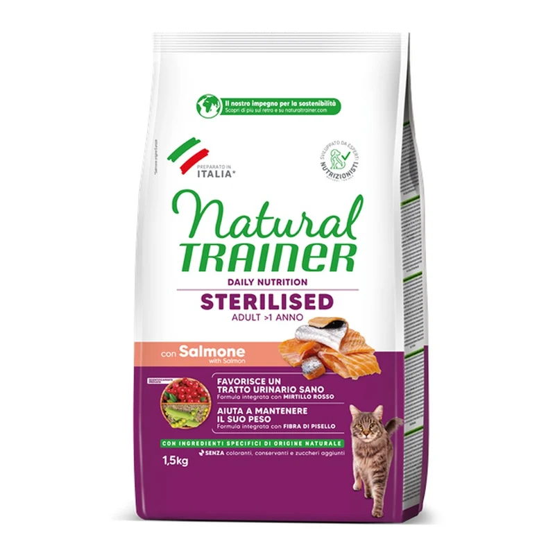 Cibo Secco Natural Trainer Sterilised Adult con Salmone per Gatti 1,5kg
