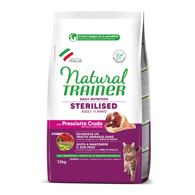Cibo Secco Natural Trainer Sterilised Adult con Prosciutto Crudo per Gatti 1,5kg