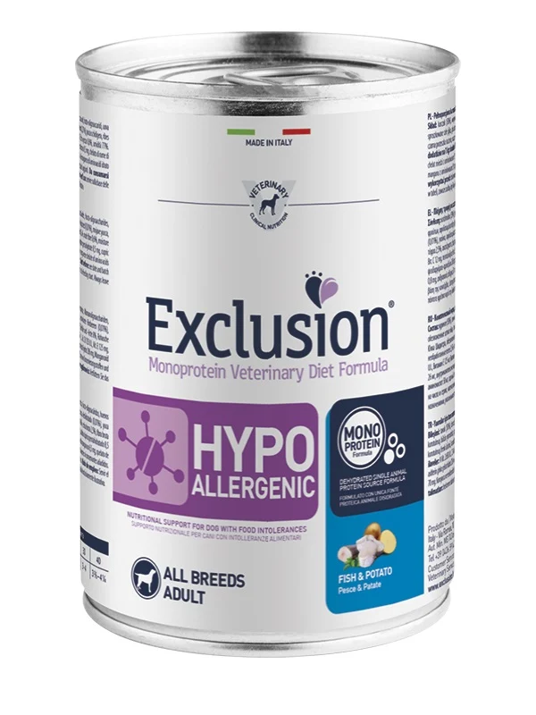 EXCLUSION CANE DIET HYPOALLERGENIC ADULTO ALL BREEDS PESCE & PATATE LATTINA 200 GR