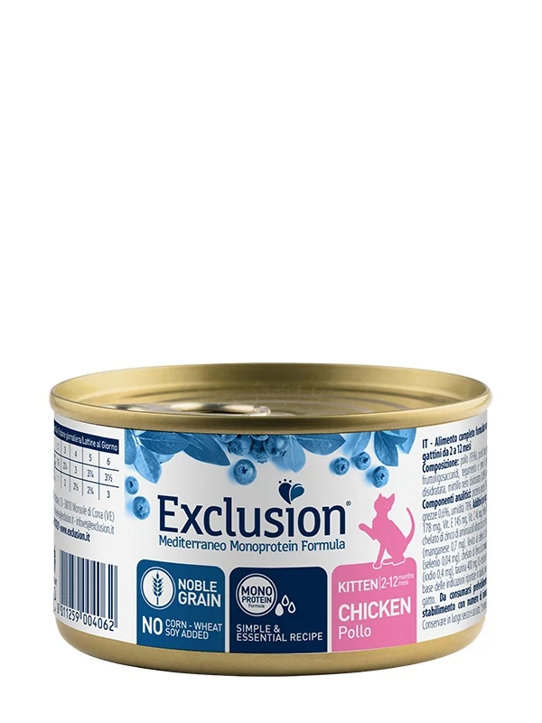 Exclusion Gatto Mediterraneo Kitten Pollo Lattina 85 g