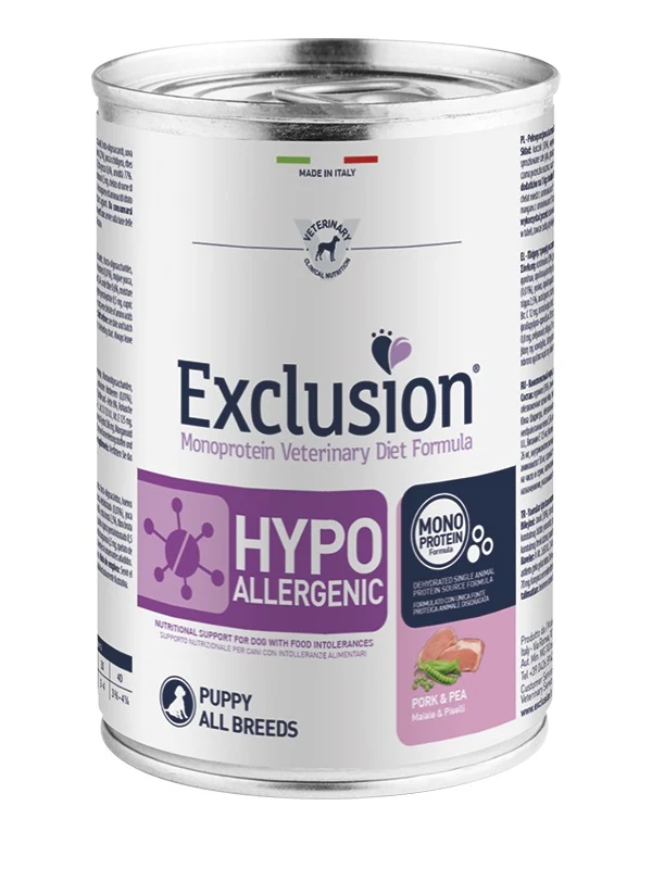 EXCLUSION CANE DIET HYPOALLERGENIC PUPPY ALL BREEDS MAIALE & PISELLI LATTINA 200 GR