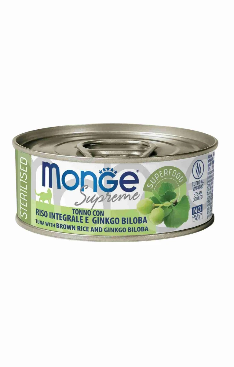 Monge Supreme Sterilized Tonno, Riso Integrale e Ginkgo Biloba - 80g