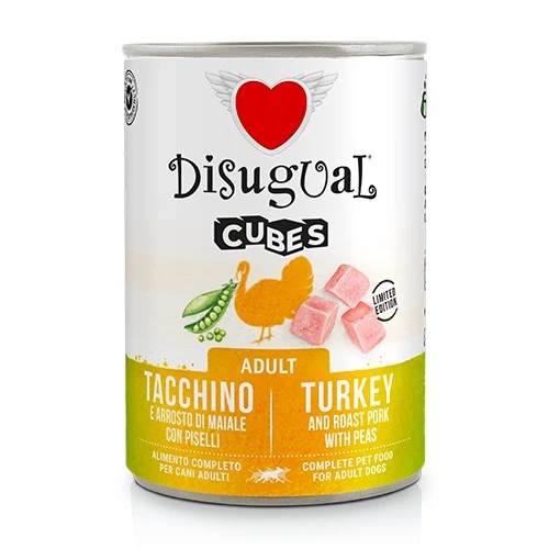 Disugual Cane Cubes Adulto Tacchino, Arrosto di Maiale & Piselli Lattina 400 g