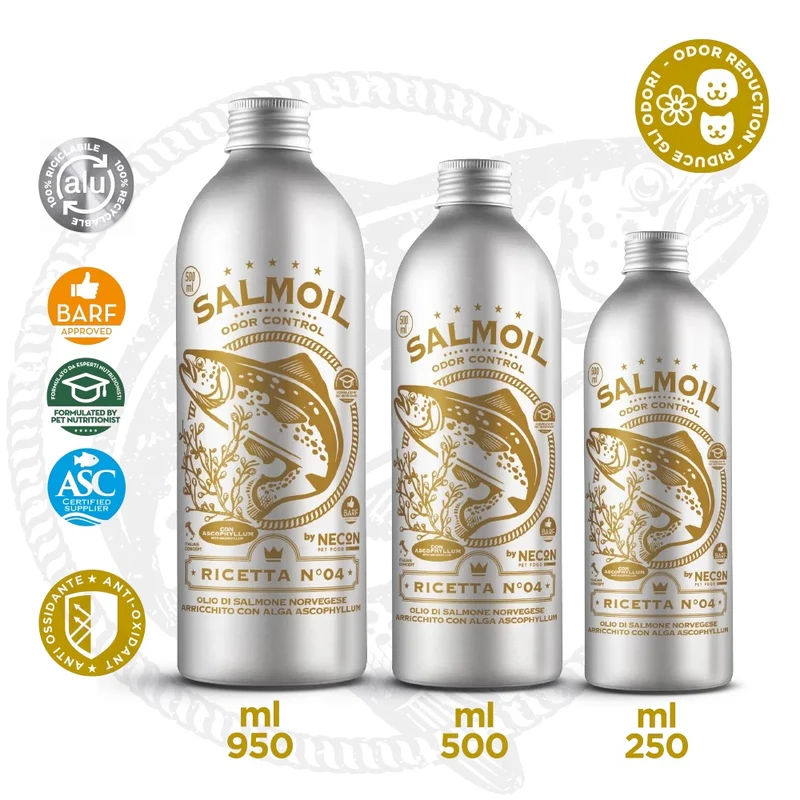 SALMOIL RICETTA N°4 - ODOR CONTROL - OLIO DI SALMONE NORVEGESE ARRICCHITO CON ALGA ASCOPHYLLUM 250 ML