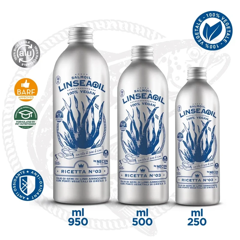 SALMOIL RICETTA N°3 - LINSEAOIL 100% VEGAN - OLIO DI SEMI DI LINO ARRICCHITO CON FONTI VEGETALI DI OMEGA 3 500 ML