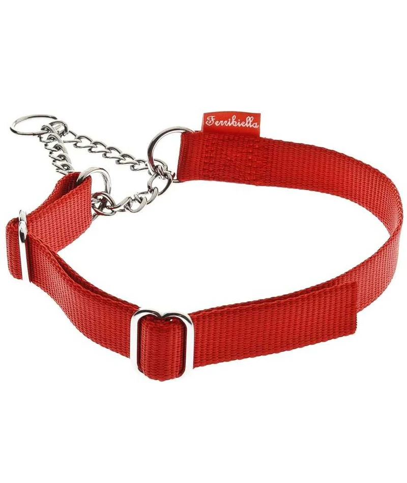 Collare Semi-Strozzo in Nylon con Catena per Cani - Rosso, 20-60 cm