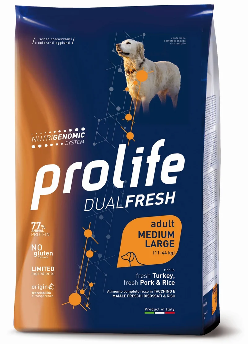 Prolife Cane Dual Fresh Adulto Medium & Large Tacchino, Maiale & Riso 12 kg