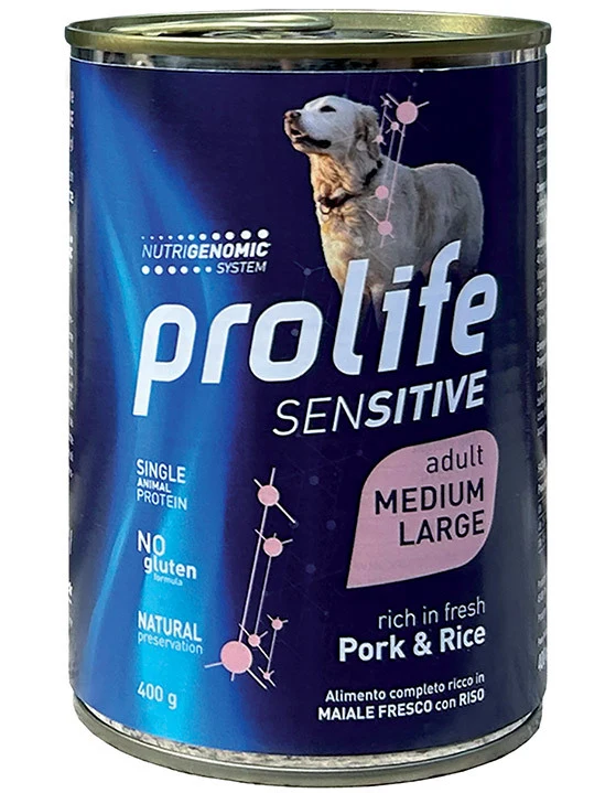 Prolife Cane Sensitive Adulto Medium & Large Maiale & Riso Lattina 400 g