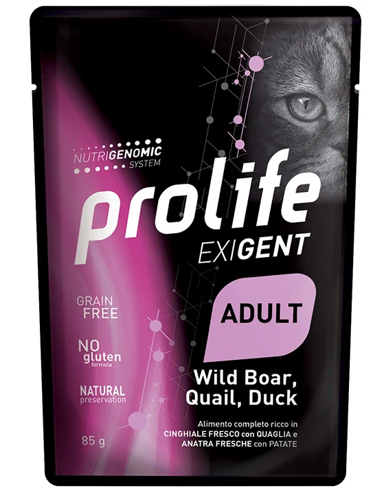 Prolife Gatto Exigent Adulto Cinghiale, Quaglia, Anatra & Patate Busta 85 g