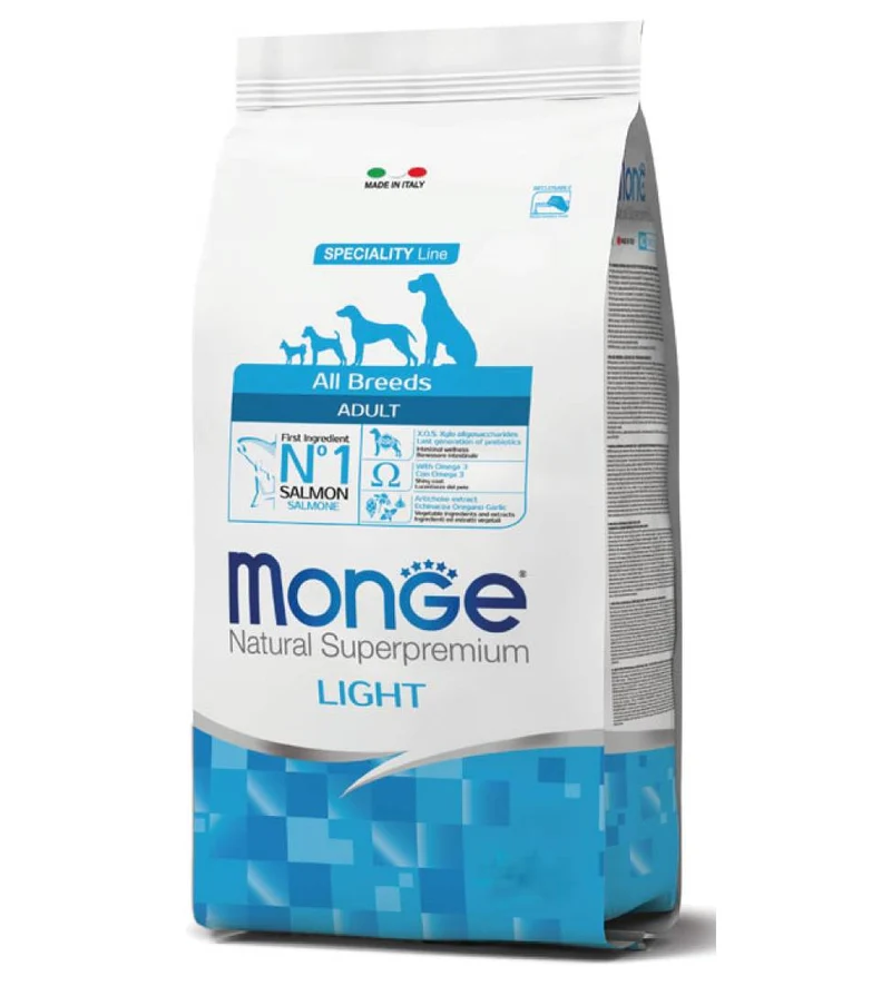 Monge Natural All Breeds Adult Light Salmone e Riso - Ipocaloriche - 12 kg