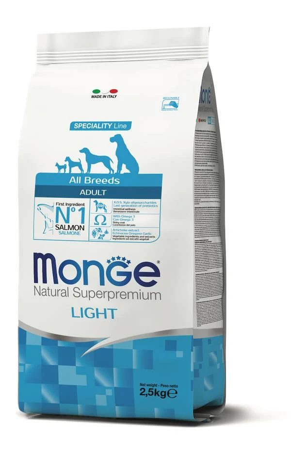 Monge Natural All Breeds Adult Light Salmone e Riso - Ipocaloriche - 2,5 kg
