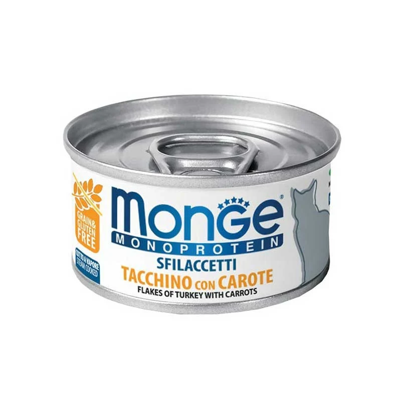 Monge Sfilaccetti Tacchino con Carote - Umido Tenero e Gustoso per Gatti - 80g