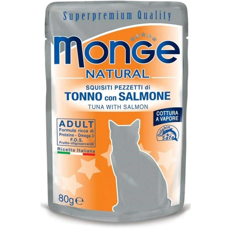 Monge Natural Tonno e Salmone - Buste Umido Ricche di Omega-3 per Gatti - 80g