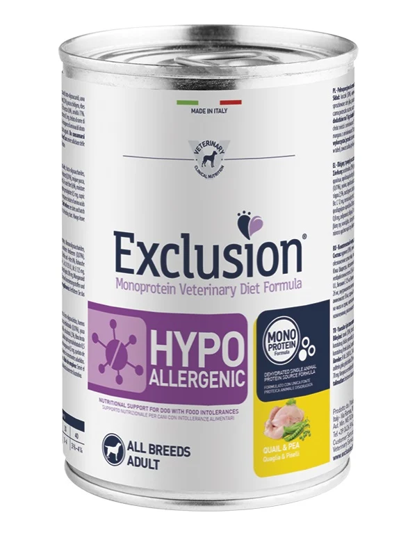 EXCLUSION CANE DIET HYPOALLERGENIC ADULTO ALL BREEDS QUAGLIA & PISELLI LATTINA 400 GR