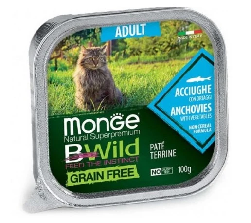 MONGE GATTO BWILD GRAIN FREE VASCHETTA ADULTO ACCIUGHE & ORTAGGI 100 GR