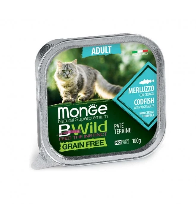 MONGE GATTO BWILD GRAIN FREE VASCHETTA ADULTO MERLUZZO & ORTAGGI 100 GR