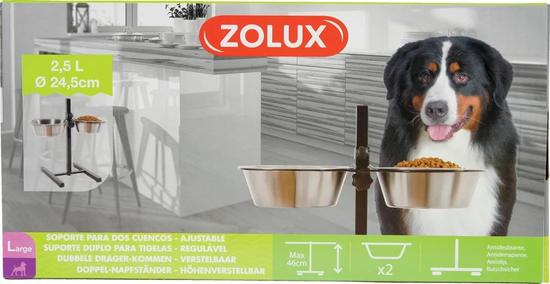Zolux Supporto Regolabile con 2 Ciotole Inox - Cani Grandi - 2x2,8L