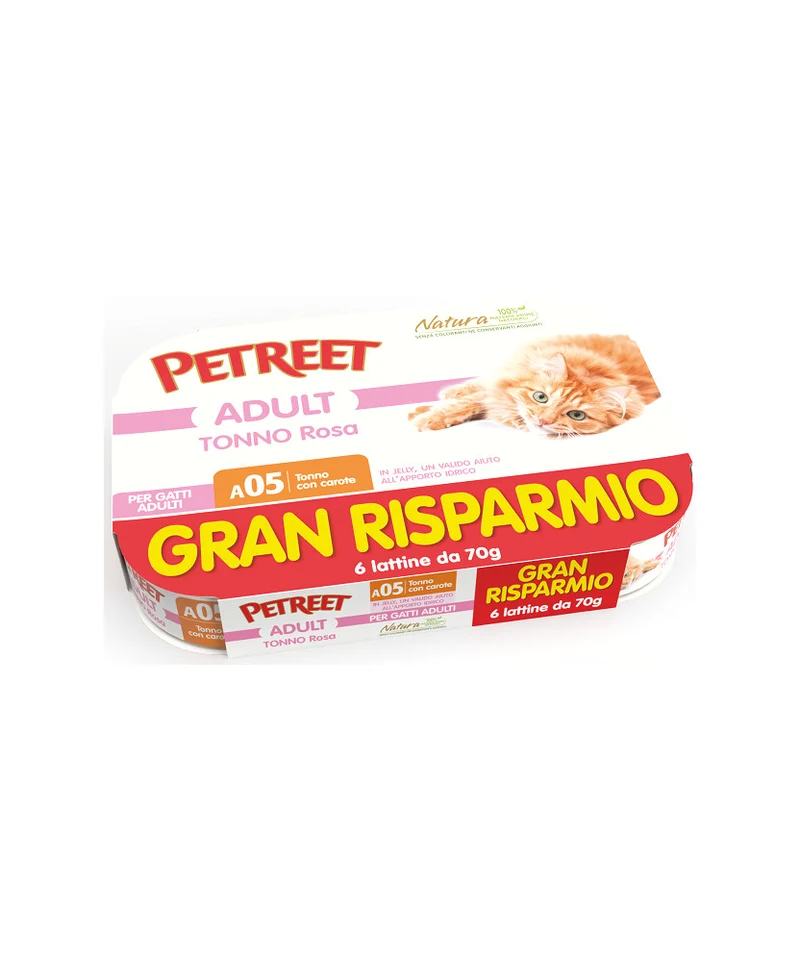Petreet Natura Tonno Rosa con Carote - Multipack Umido con Verdure - 6x70g