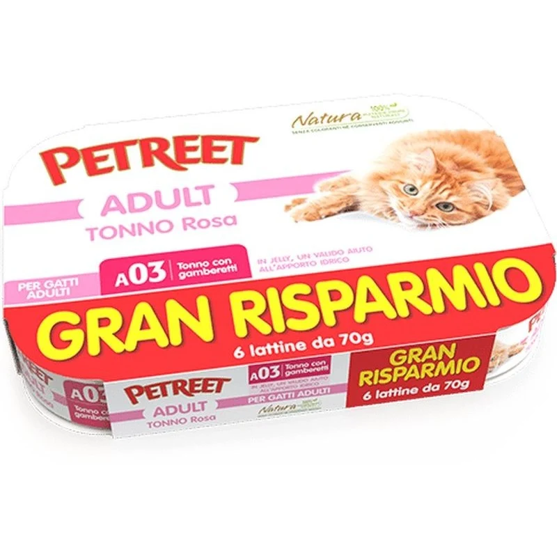 Petreet Natura Tonno Rosa con Gamberetti - Multipack ai Frutti di Mare - 6x70g
