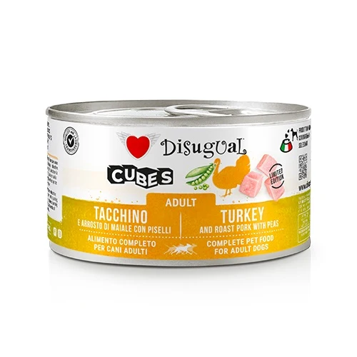 Disugual Cane Cubes Adulto Tacchino, Arrosto di Maiale & Piselli Lattina 150 g