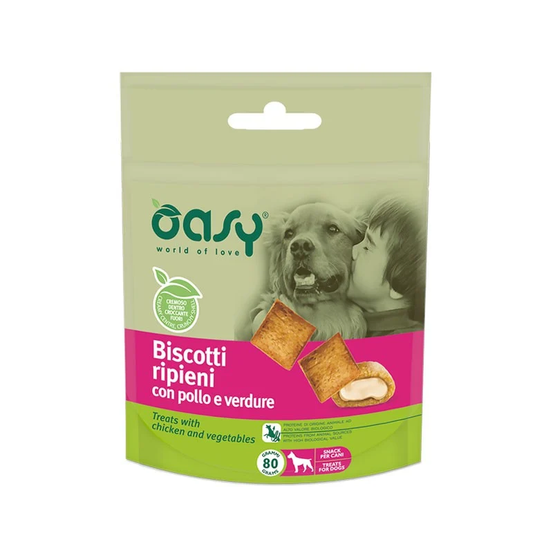 Oasy Snack Biscotti Ripieni Pollo e Verdure - Snack Appetitoso per Cani - 80g