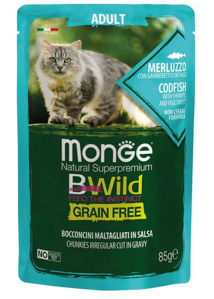 MONGE GATTO BWILD GRAIN FREE BUSTA ADULTO MERLUZZO, GAMBERETTI & ORTAGGI 85 GR