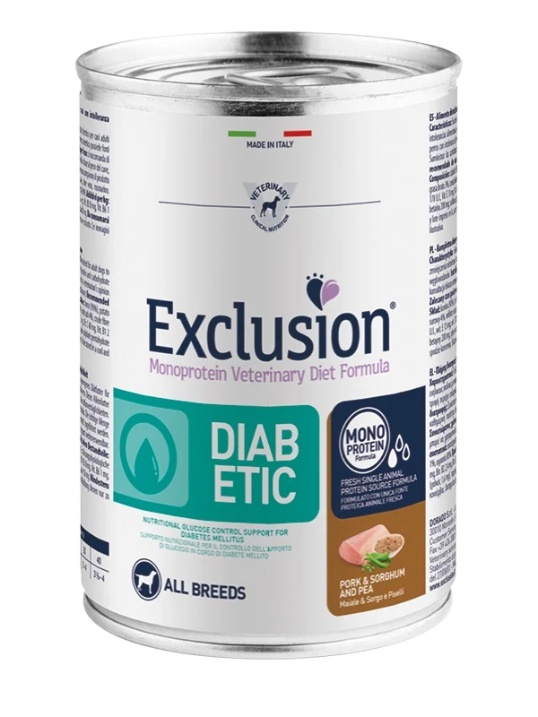 EXCLUSION CANE DIET DIABETIC ADULTO ALL BREEDS MAIALE, SORGO & PISELLI LATTINA 400 GR