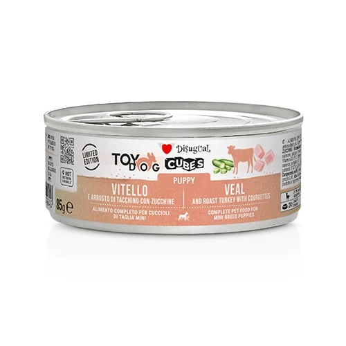 Disugual Cane Toydog Cubes Puppy Vitello, Arrosto di Tacchino & Zucchine Lattina 85 g
