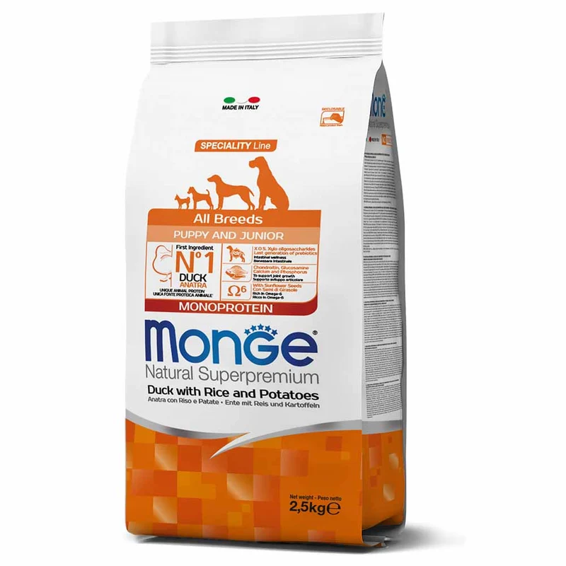Alimento cane Monge superpremium all breeds puppy e junior Anatra riso e patate 2,5kg