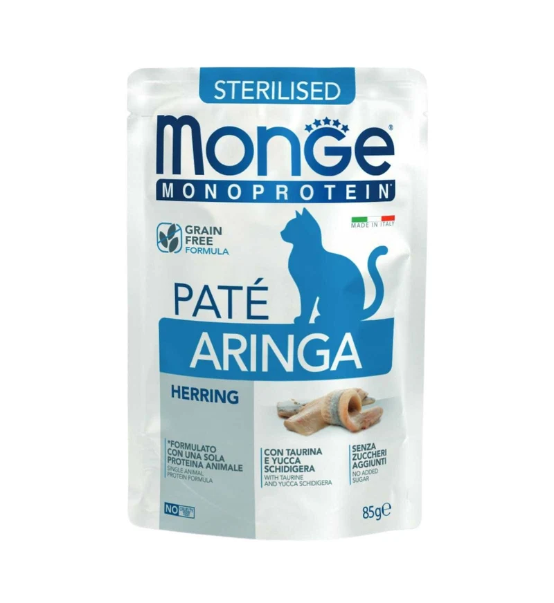 MONGE GATTO MONOPROTEICO STERILIZZATO PATE' ALL' ARINGA DA 85 GR IN BUSTA
